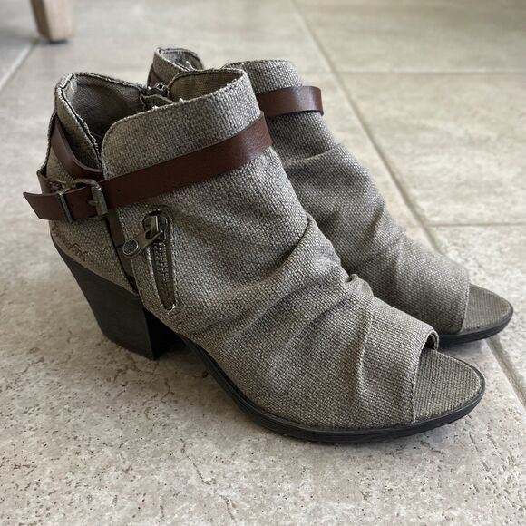Blowfish Peep Toe Ankle Boots Block Heel Buckle Strap Canvas Sz 8 BOHO - Picture 1 of 10